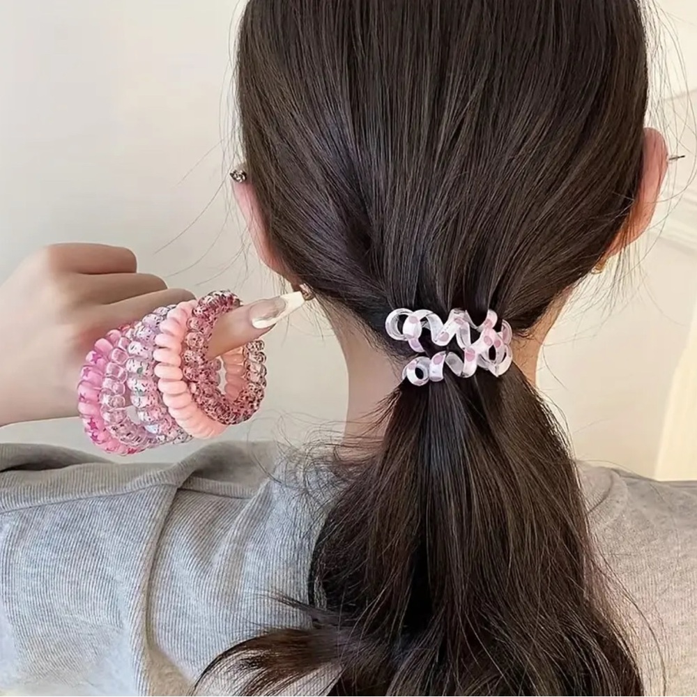 Coil Hair Ties Pink Floral Print 6 Pieces Spiral Ponytails Bands